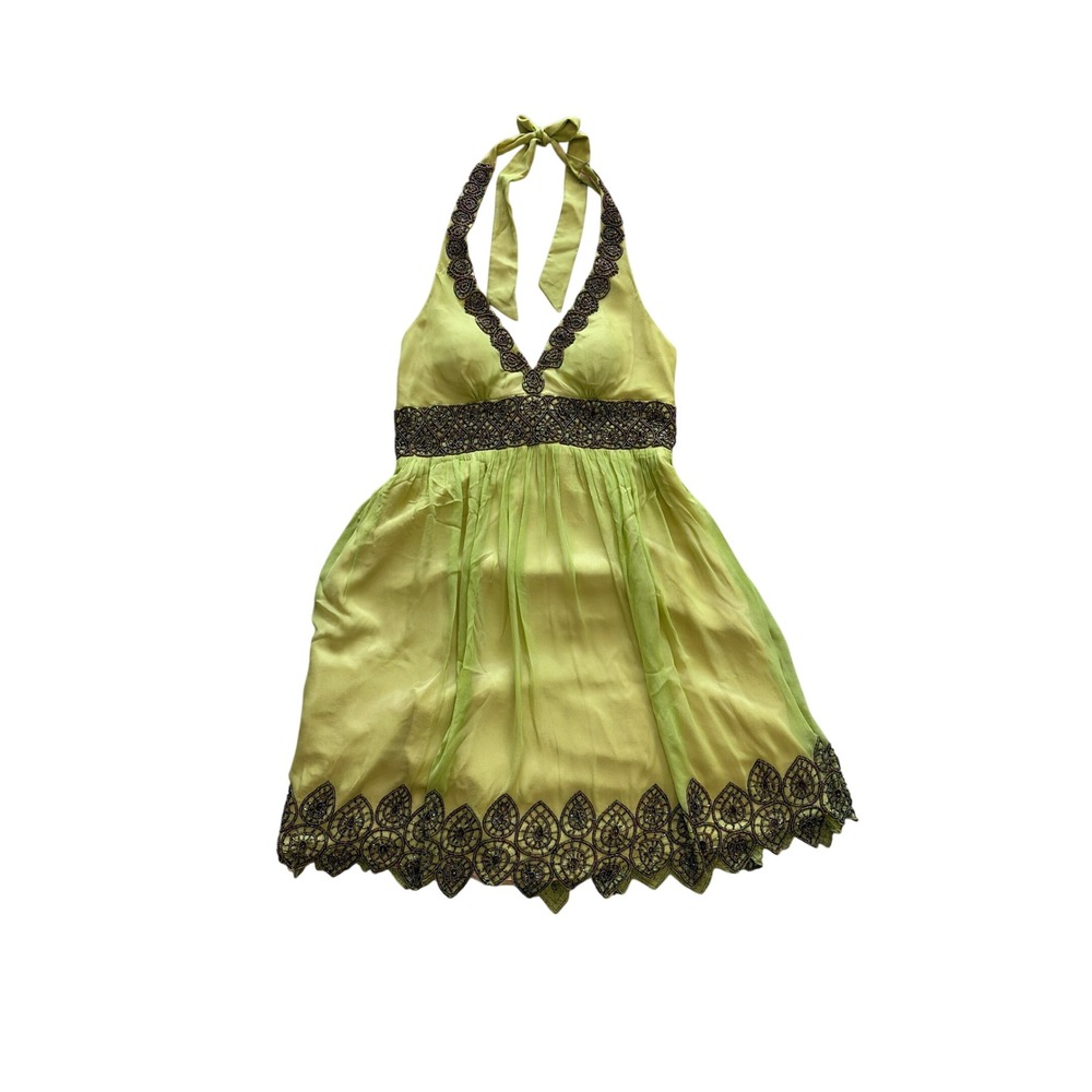 Halter Dress Fairy Y2K Adrianna Papell‎ Women L Green Silk Beaded Midi Ethereal
